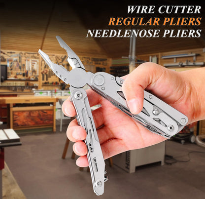 RoverTac Multi Tool Pocket Knife Tactical Camping Survival Knife Gifts for Men Dad Husband 18 in 1 Multitool Pliers Scissors Saw Corkscrew Bottle Opener 9-pack Screwdrivers Safety Lock Nylon Sheath