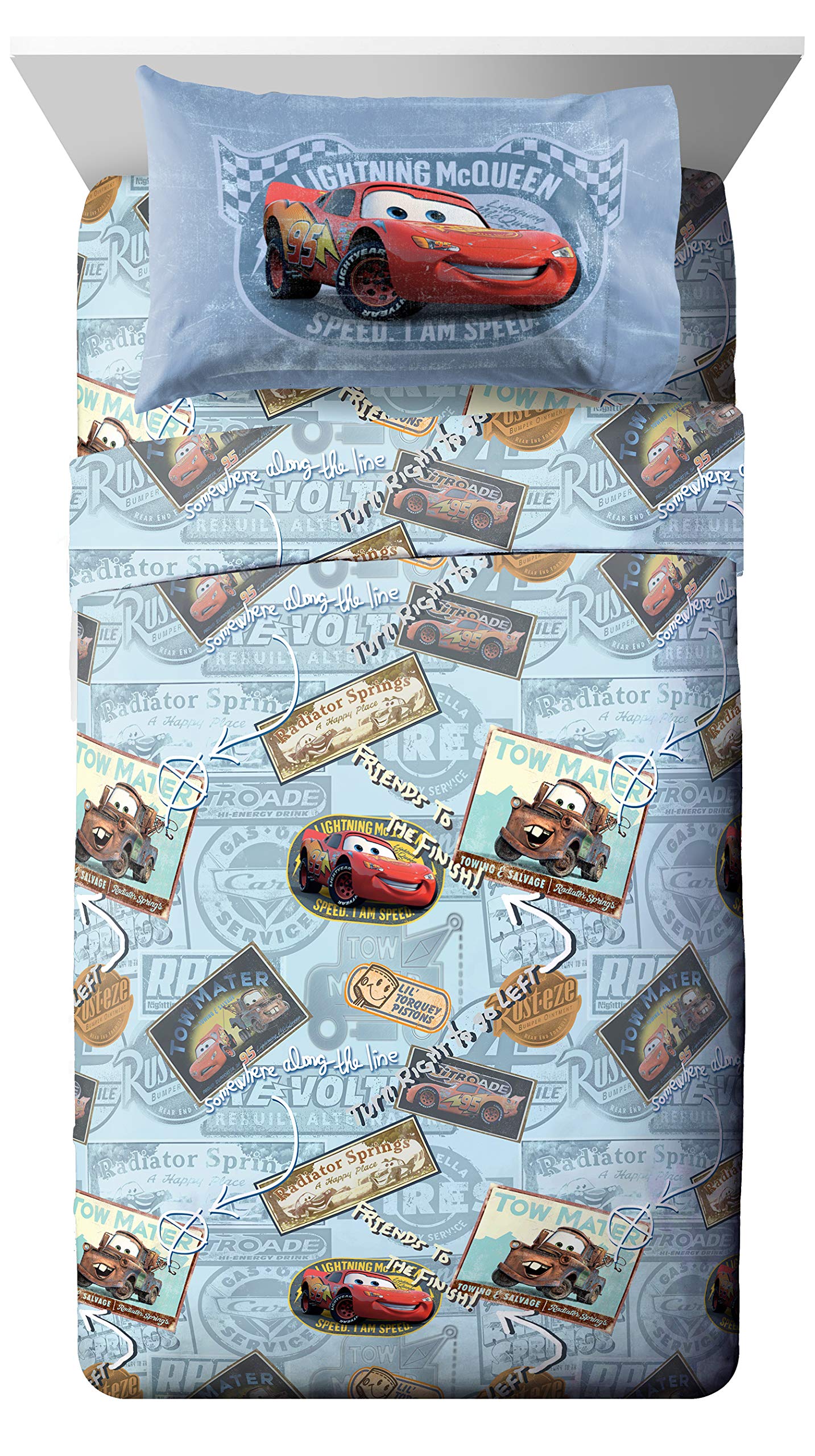 Jay Franco Disney Pixar Cars Lightning McQueen Twin Sheet Set - 3 Piece Kids Race Car Bedding, Super Soft Microfiber, Deep Pocket, Machine Washable, Fade Resistant, Blue (Official Disney Product)