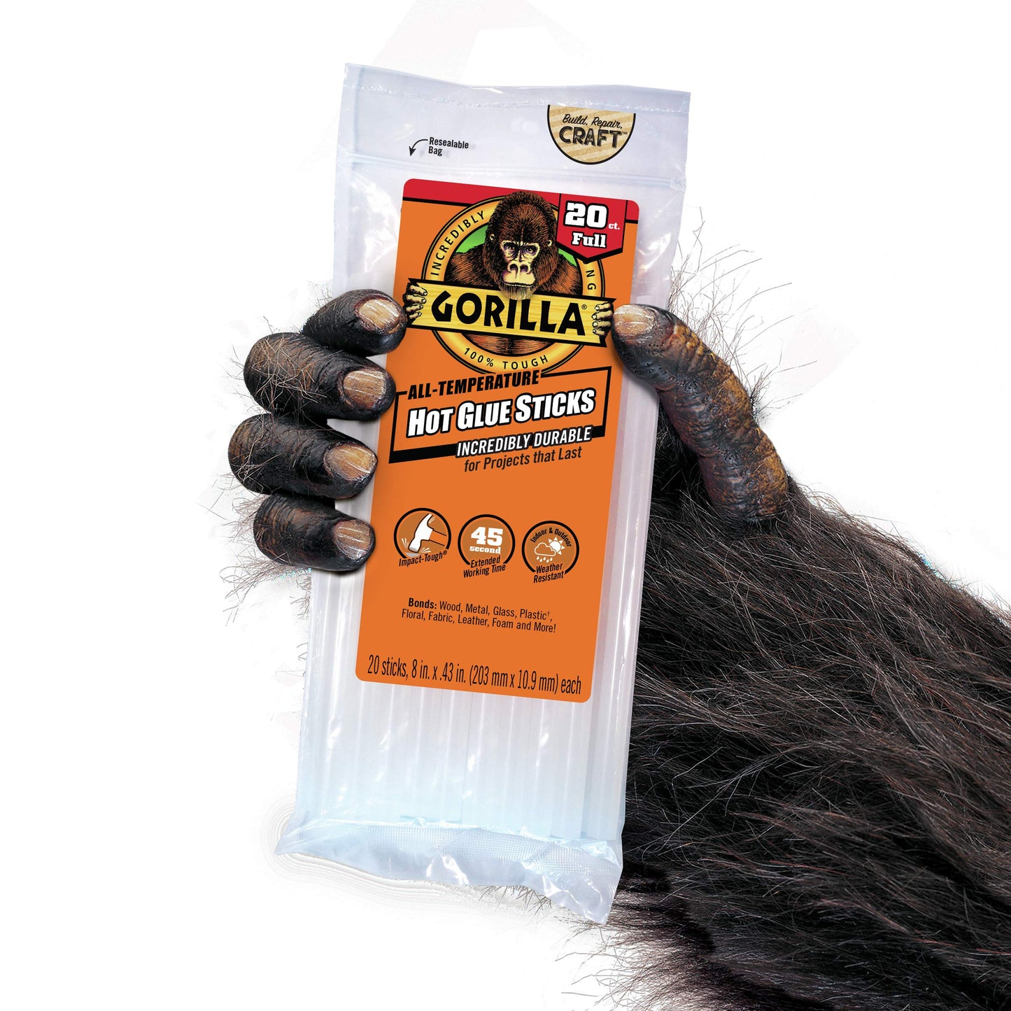 Gorilla 3032016 Hot Glue Sticks 8" Full Size (20 Count), Clear, 1 Pack