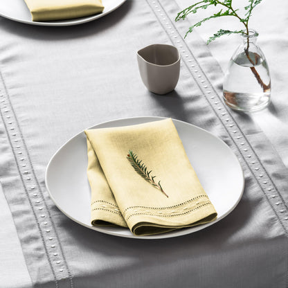 Linen Napkins 18 x 18 inch - 100% Flax Linen Yellow Dinner Napkins with Embroidered Dot 18 x 18 inch - Hemstitch Cloth Napkins Washable for Summer
