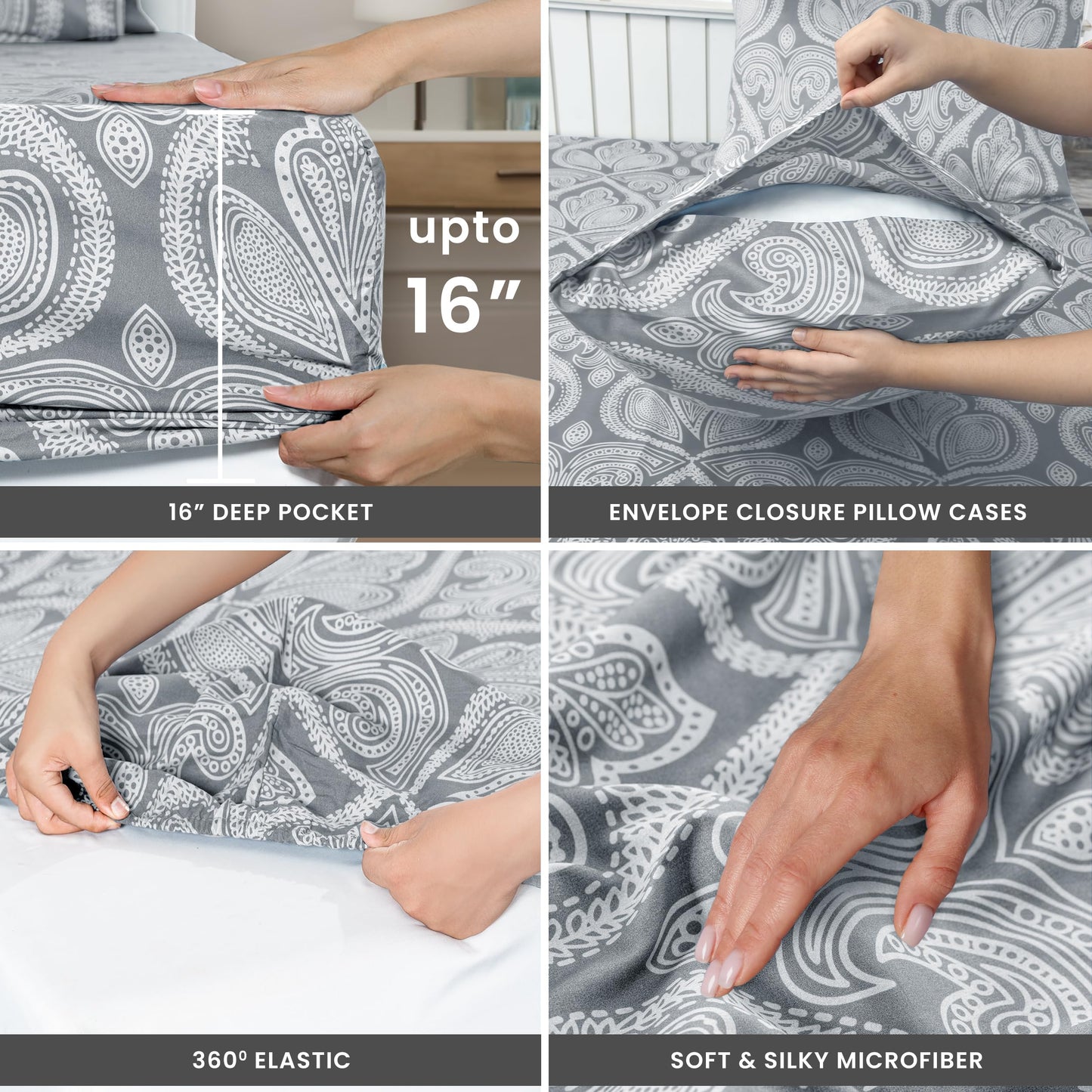 Ultra Soft Wrinkle-Free Microfiber Paisley Twin Sheet Set, Cute Floral Pattern Boho Print – 16" Deep Pocket Fitted Sheet, Flat Sheet & 2 Pillowcases, Breathable, OEKO-TEX - Grey