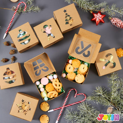 JOYIN 36 PCS Christmas Cookie Boxes for Gift Giving, Brown Bakery Treat Boxes with Window, 4" x 4" x 2.5" Gift Wrap Box for Xmas Holiday Party Favor Pastries, Cupcakes, Donuts, Brownies, Donuts