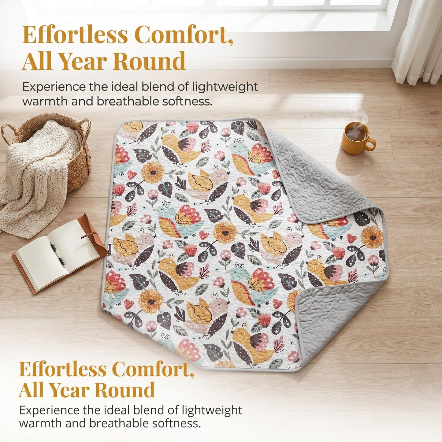 SANOCAY Boho Floral Quilt Set Queen Size, 3 Piece Lightweight Summer Bedding Set with 2 Pillow Shams, Soft Reversible Microfiber Bedspread, Farmhouse Coverlet for All Season (Bird, Queen)