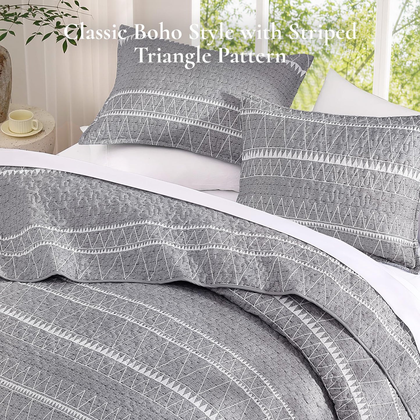 Andency California King Quilt Set Grey, 3 Pieces Boho Lightweight Soft Striped Cal King Bedspread for All Season (112"x104"), Gray Printed Bohemian Polyester Reversible Coverlet Comforter Sets