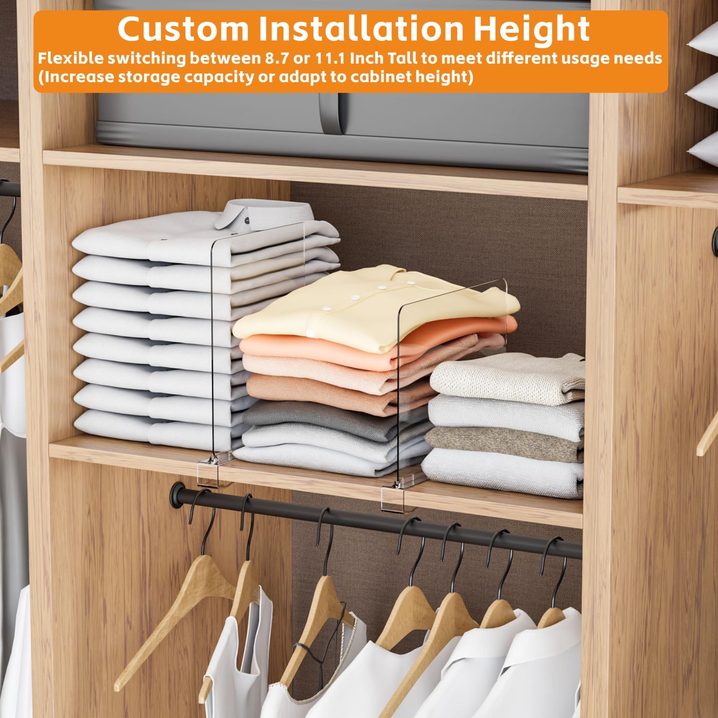 Yieach Adjustable Height Clear Shelf Dividers,6 Pack Acrylic Closet Shelf Dividers for Organization,11.1 Inch Tall Vertical Plastic Shelf Separators for Towel,Sweater,Towel Organizers and Bookshelf