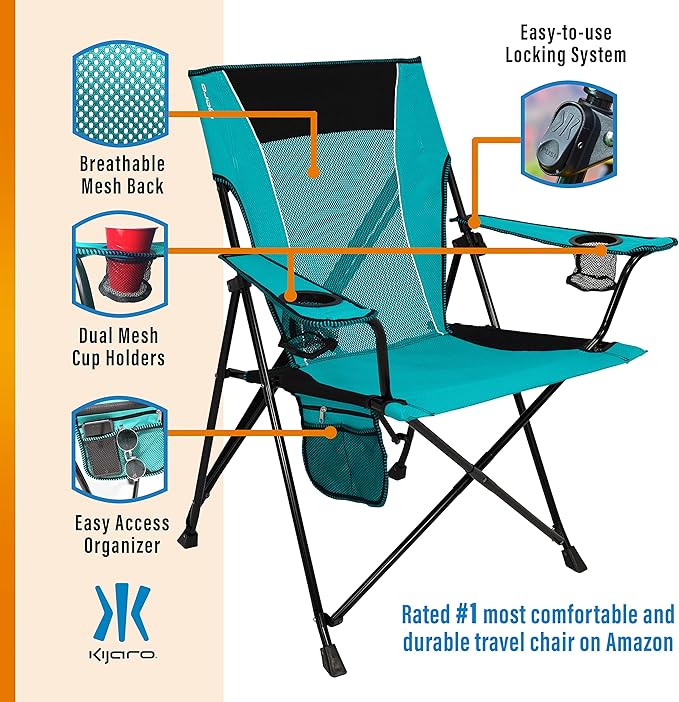 Kijaro Dual Lock Portable Camping Chair - Versatile Folding Sports and Outdoor Chair for Lawn - Locks Position - Ionian Turquoise