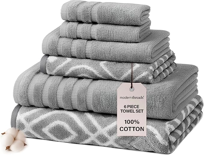 Modern Threads Oxford 6-Piece 100% Cotton Towel Set – Yarn Dyed Jacquard &