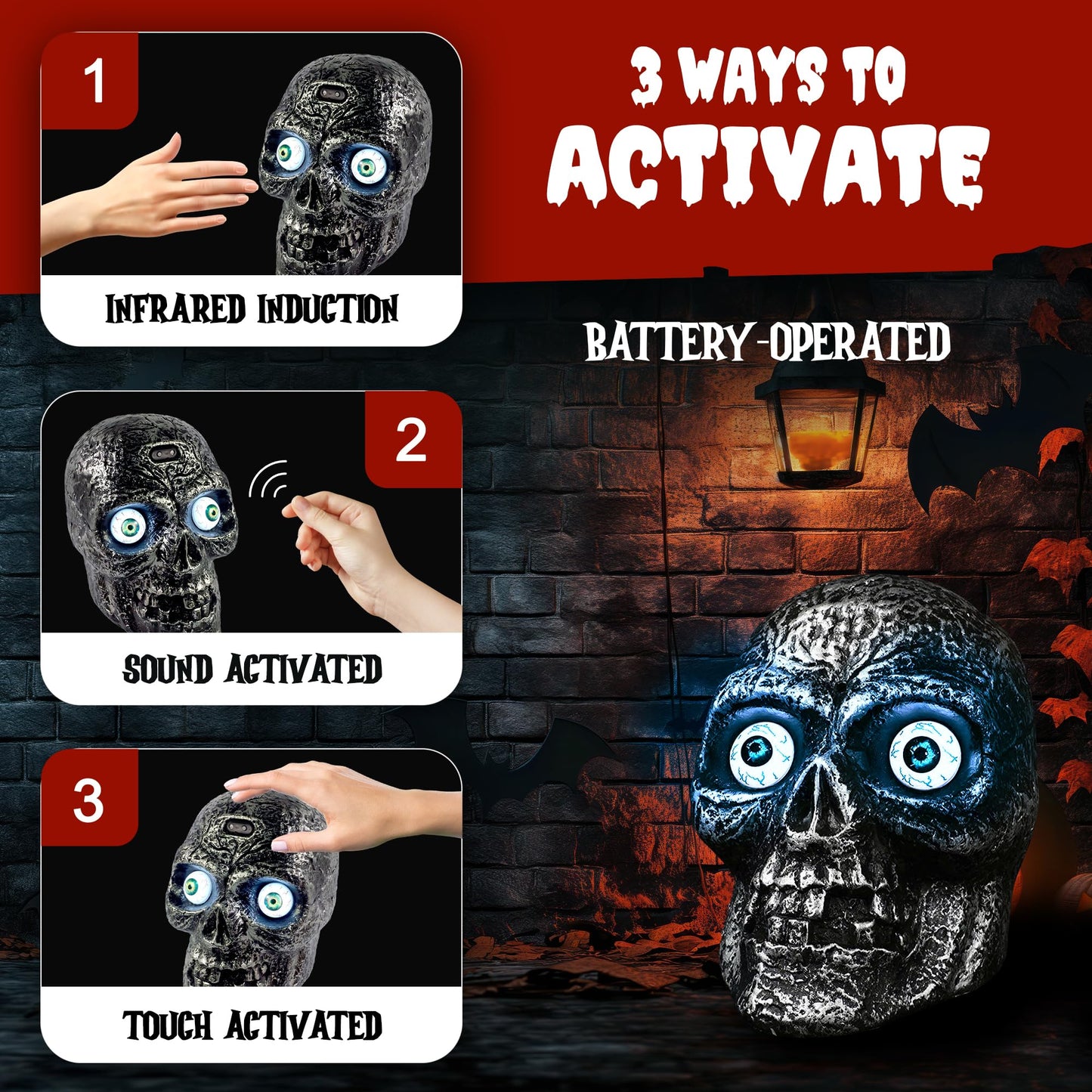 Sound Activated Skull with Light Up Eyes and Creepy Sounds - Halloween Party Prop Spooky Decoration for Haunted House, Indoor Decor