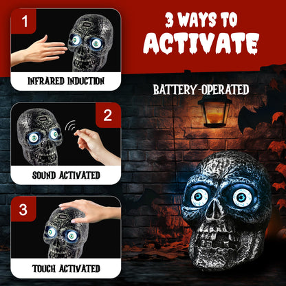 Sound Activated Skull with Light Up Eyes and Creepy Sounds - Halloween Party Prop Spooky Decoration for Haunted House, Indoor Decor