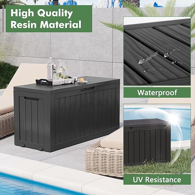 Outdoor Storage Box, Resin Deck Boxes Indoor and outdoor, Waterproof Storage Box Lockable Lid (Black, 80 Gallon)