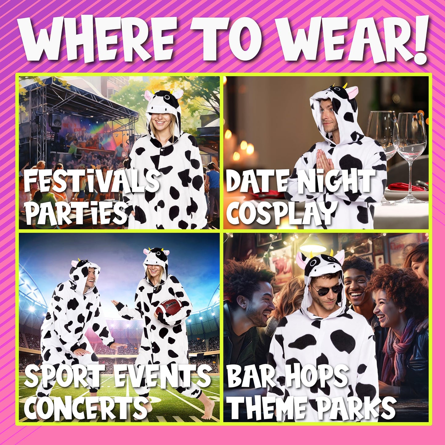 Funziez! Adult Onesie Halloween Costume - Animal Dinosaur Shark - Unisex Plush One Piece Cosplay Suit for Adults, Men and Women (Medium, Cow)