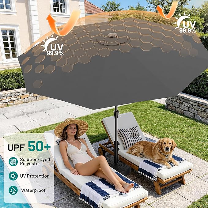 AreShark 9 FT Patio Umbrella for Outdoor, Outdoor Table Umbrella with Push Button Tilt and Crank, Outdoor Patio Umbrellas with 8 Sturdy Ribs for Market, Garden, Pool (Gray)