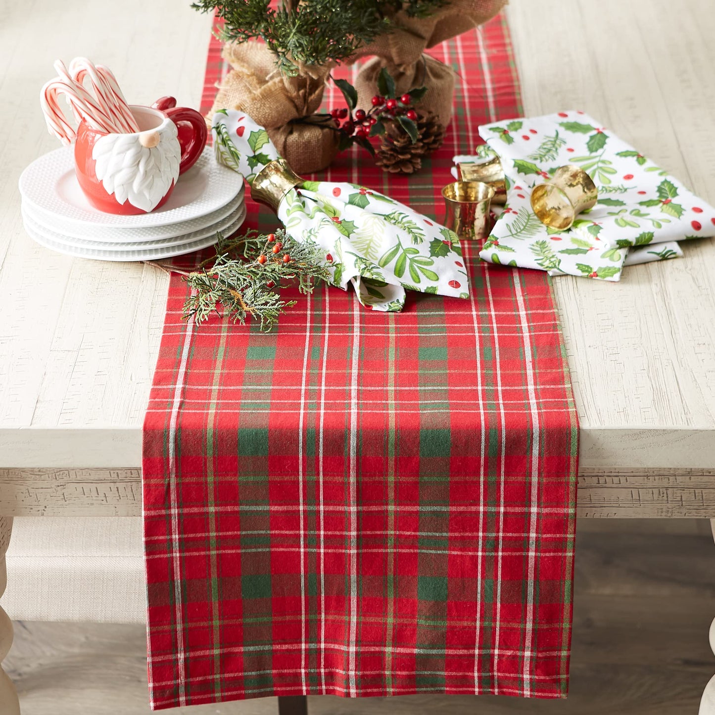 DII Holiday Dining Table Linen Collection Tartan Holly Plaid, Christmas Table Runner, 14x108, Red & Green