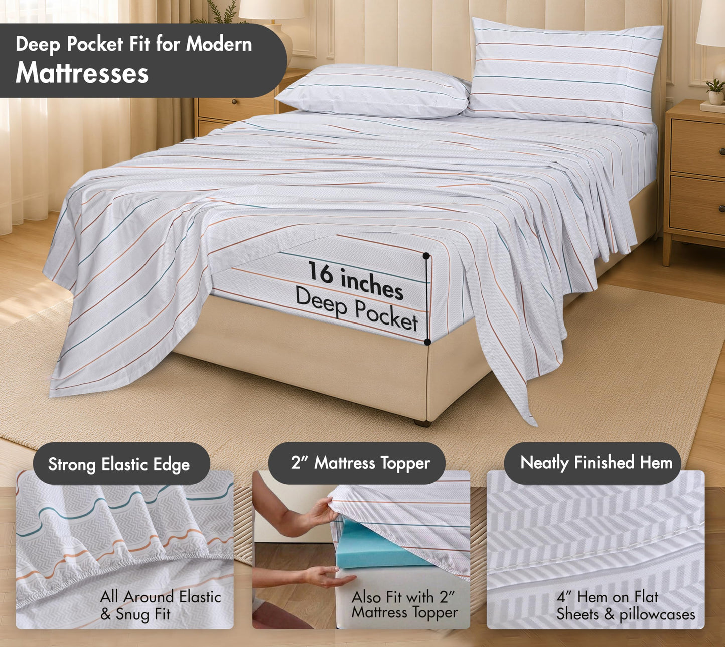 RUVANTI 100% Cotton Percale Sheets Full Size – Crisp Cooling Bed Sheets for Hot Sleepers, Deep Pocket 16”, Soft Breathable & Durable Hotel-Style 4 Piece Set, Chevron Twill Stripe