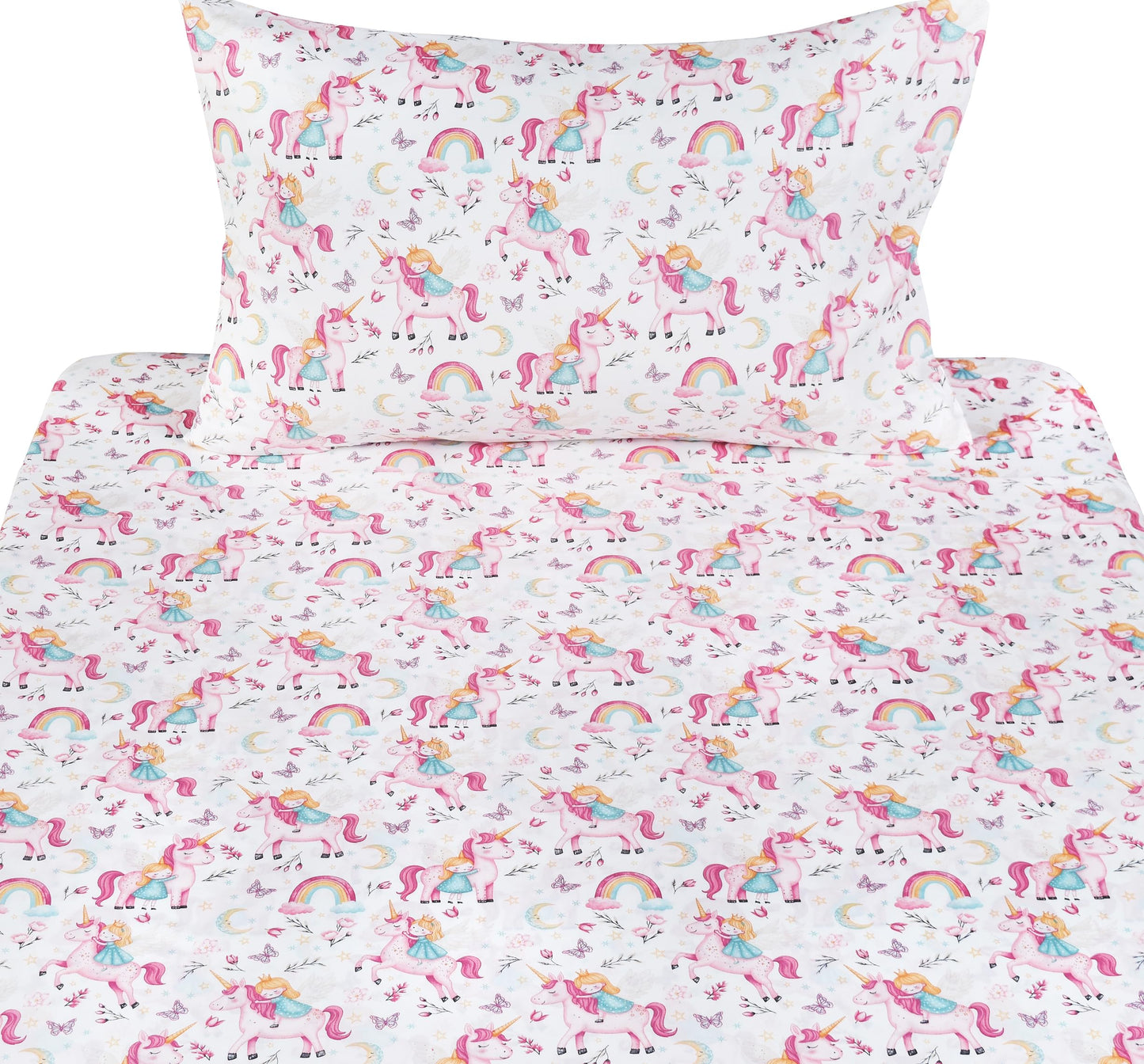 J-pinno Princess Unicorn Horse Pink Cute Adorable Twin Sheet Set for Kids Girls Boys Children,100% Cotton, Flat Sheet + Fitted Sheet + Pillowcase Bedding Decoration Gift Set