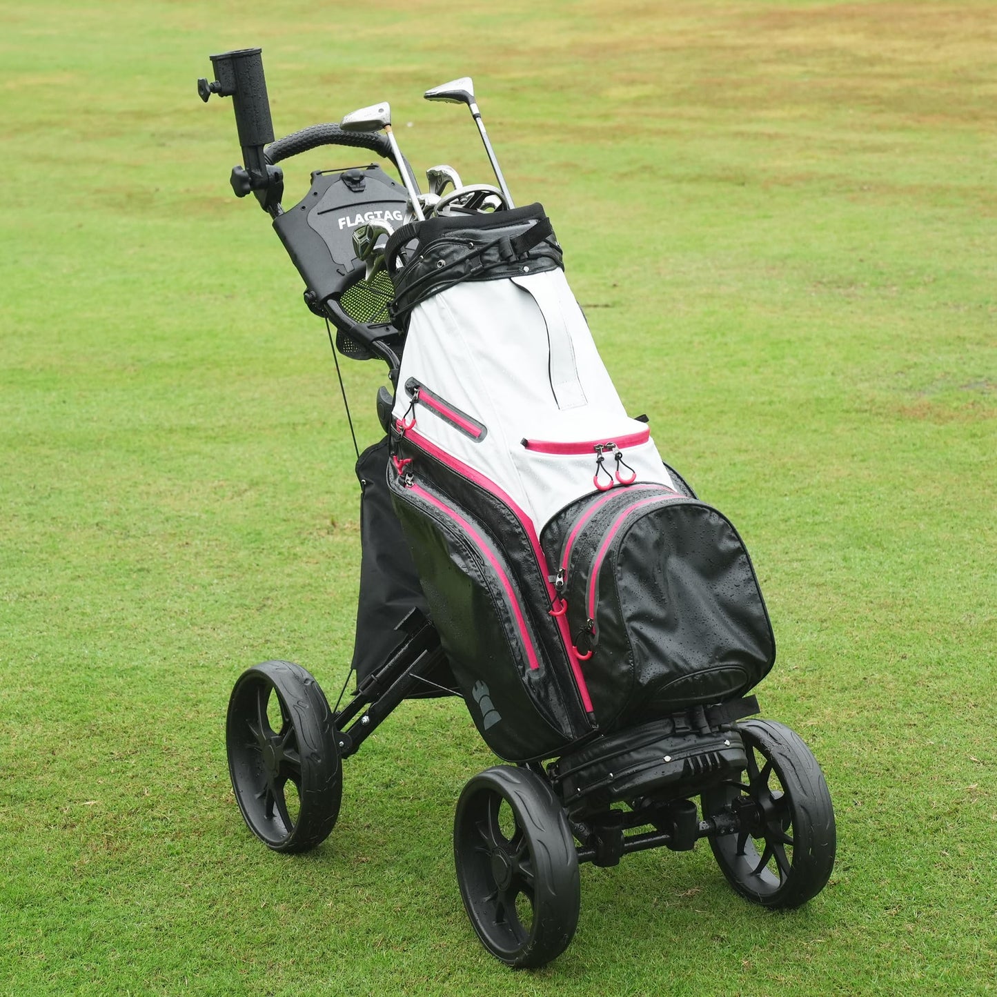 FLAGTAG Golf Push Cart 4 Wheels,Folding Golf Cart, Golf Pull cart with Cup Holder,Umbrella Holder,Cooler Bag, Foldable with one-Click,Handle Height Adjustable,Drink Holder,Walking Push cart