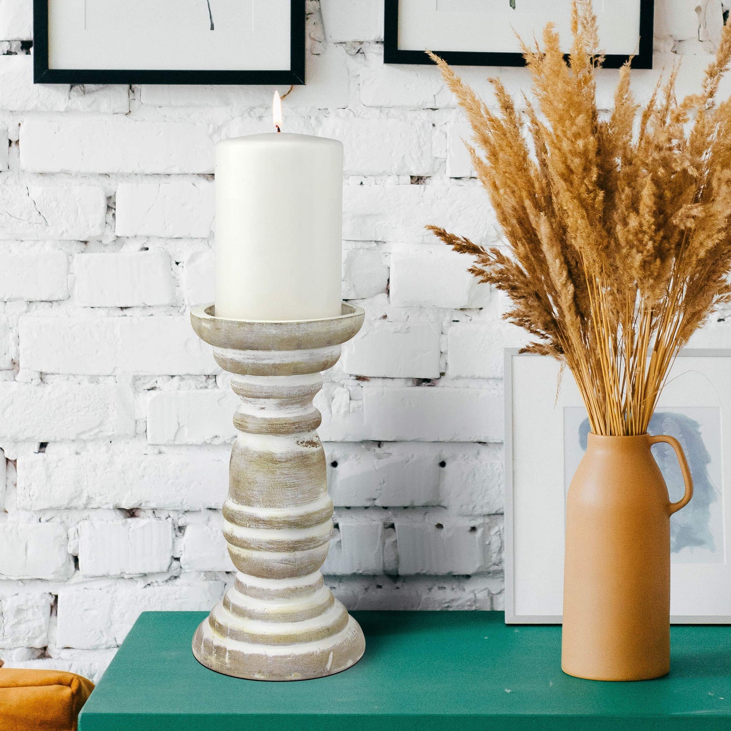 Stonebriar Decorative Worn White Wooden Pillar Candle Holder, Coastal Home Decor, Ocean Inspired Designs for Wedding Decorations, Parties, or Everyday Home, Large 8 Inch