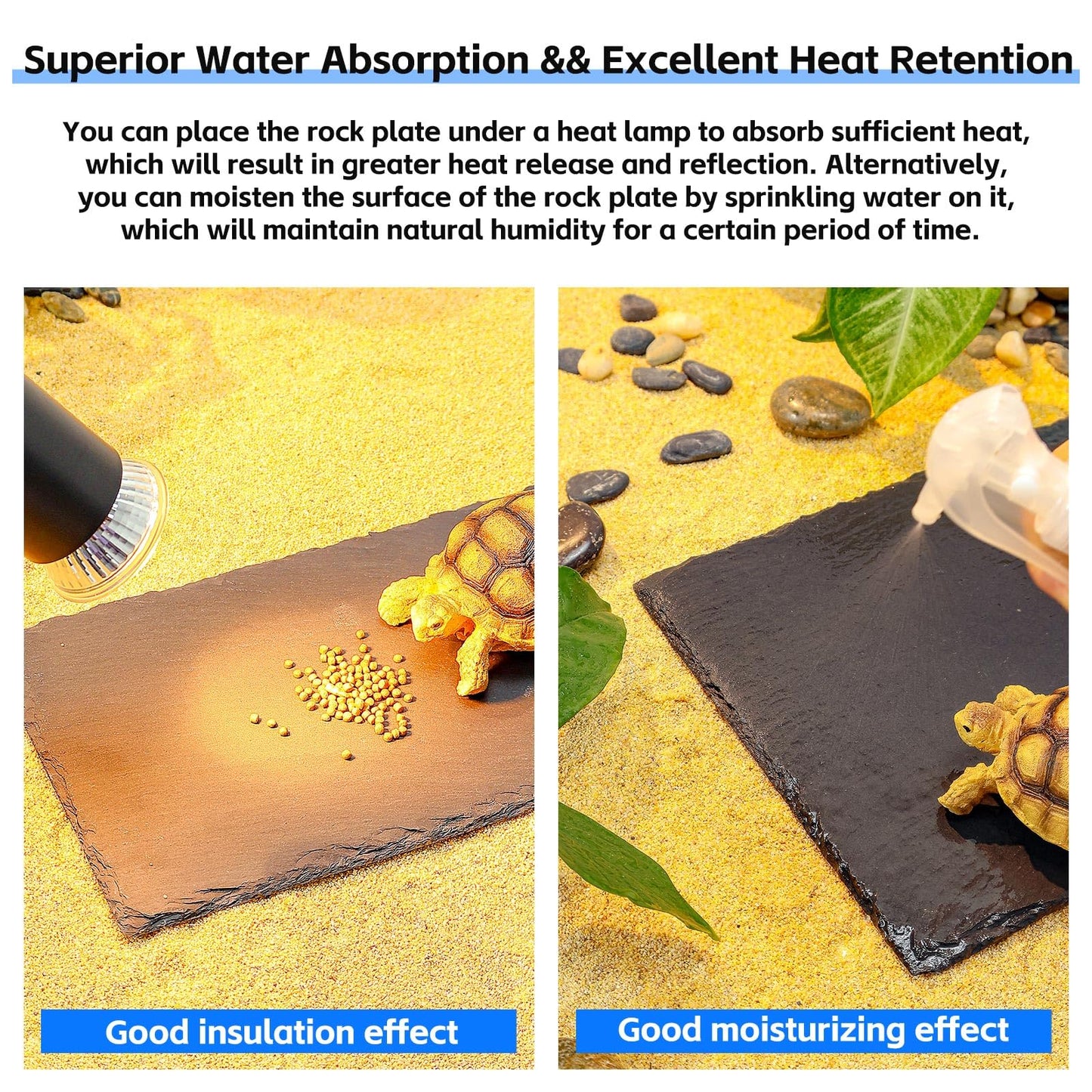 Natural Slate Basking Platform for Reptiles Bearded Dragon Tortoise Turtle Habitat Accessory Heat Retention, Anti-Slip Design, Feeding Tray Functionality, and Superior Water Absorption(12'' x 8'')