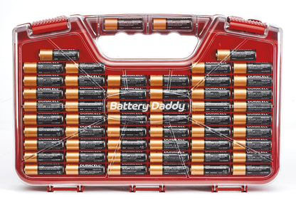 Ontel Battery Daddy Storage & Organizer Case w/Tester, Stores & Protects Up to 180 Batteries, Double-Sided, Clear Locking Lid, Secure Latches & Portable Carrying Handle - Red (Batteries Not Included)