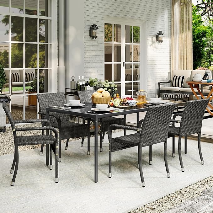 Yaheetech Set of 6 Stackable Outdoor Rattan Dining Chairs, All-Weather Armchair w/Armrests, Steel Frame for Garden, Patio, Deck, Yard, Poolside Gray