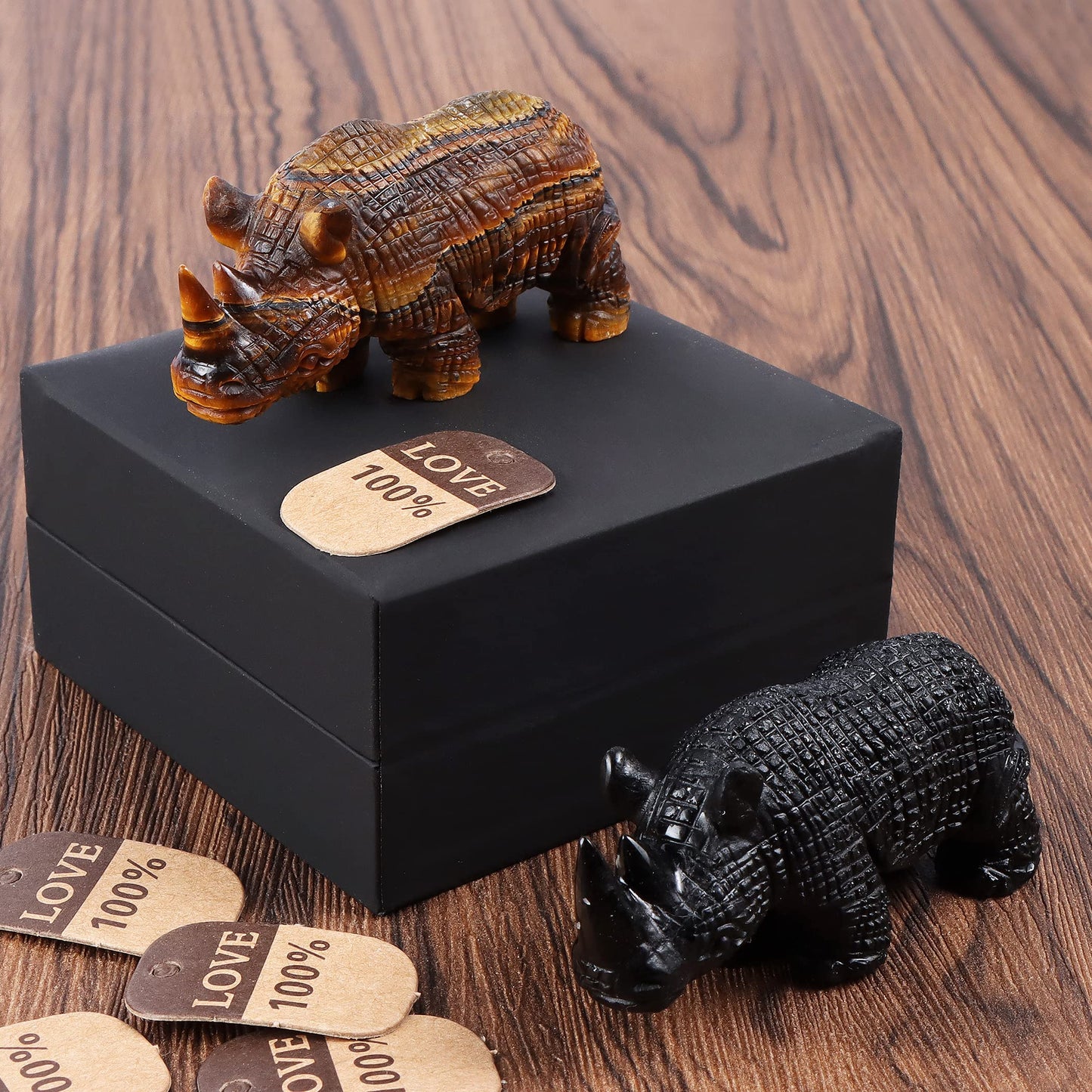 Artistone Tiger Eye Crystal Rhino Statue Hand Carved Gemstone Handicraft Healing Rhinoceros Animal Carving Figurine Sculpture Collectible Reiki Stones for Home Bookshelf Office Decor(3Inches)