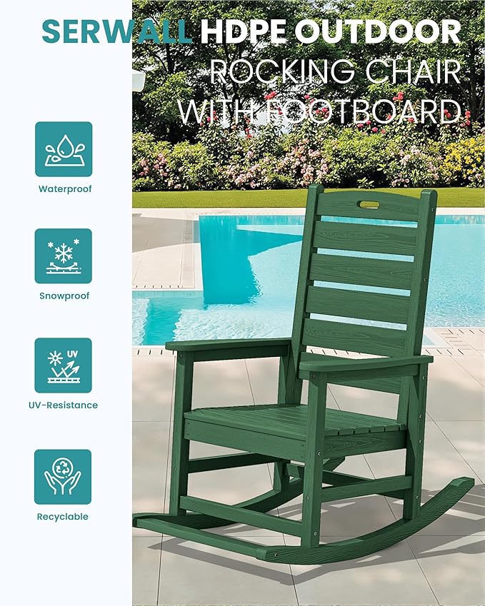 SERWALL Outdoor Rocking Chair, Oversized Rocking Chair with Footrest for Adults, HDPE All Weather Resistant Rocking Chairs for Patio, 350lbs Weight Capacity, Green
