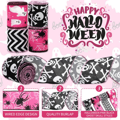 JarThenaAMCS Halloween Wired Edge Ribbons Ghost Skull Fabric Ribbons Pink Black Wrapping Ribbons for DIY Crafts Wreath Bow Making Supplies, 4 Rolls, 24 Yard