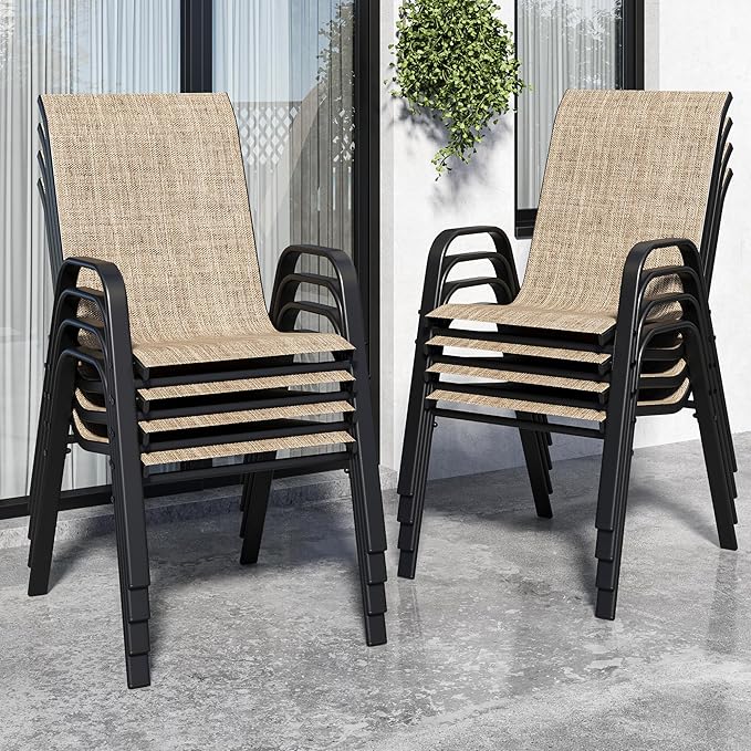 Patio Chairs Set of 8, Stackable Outdoor Dining Chairs for All Weather Textilene Fabric & Metal Frame, Outdoor Chairs Set for Backyard Deck Garden (Brown, Set of 8)