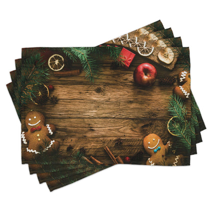 Ambesonne Christmas Place Mats Set of 8, Gingerbread Man Gift Box Coniferous Pine Cinnamon Dessert on Rustic Wood Theme, Washable Fabric Placemats for Dining Table, Placemat 8 pcs, Green and Brown