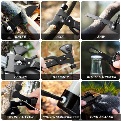 RoverTac 14-in-1 Multitool Camping Axe – Multi Tool with Knife, Hammer, Saw, Screwdrivers, Bottle Opener – Camping Tool with Sheath – Tool Gifts for Men, Dad, Husband, and Outdoor Enthusiasts.