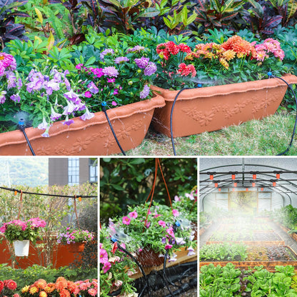 MIXC Greenhouse Micro Drip Irrigation Kit Automatic Irrigation System Patio Misting Plant Watering System with 1/4 inch 1/2 inch Irrigation Tubing Hose Adjustable Nozzle Emitters Barbed Fittings