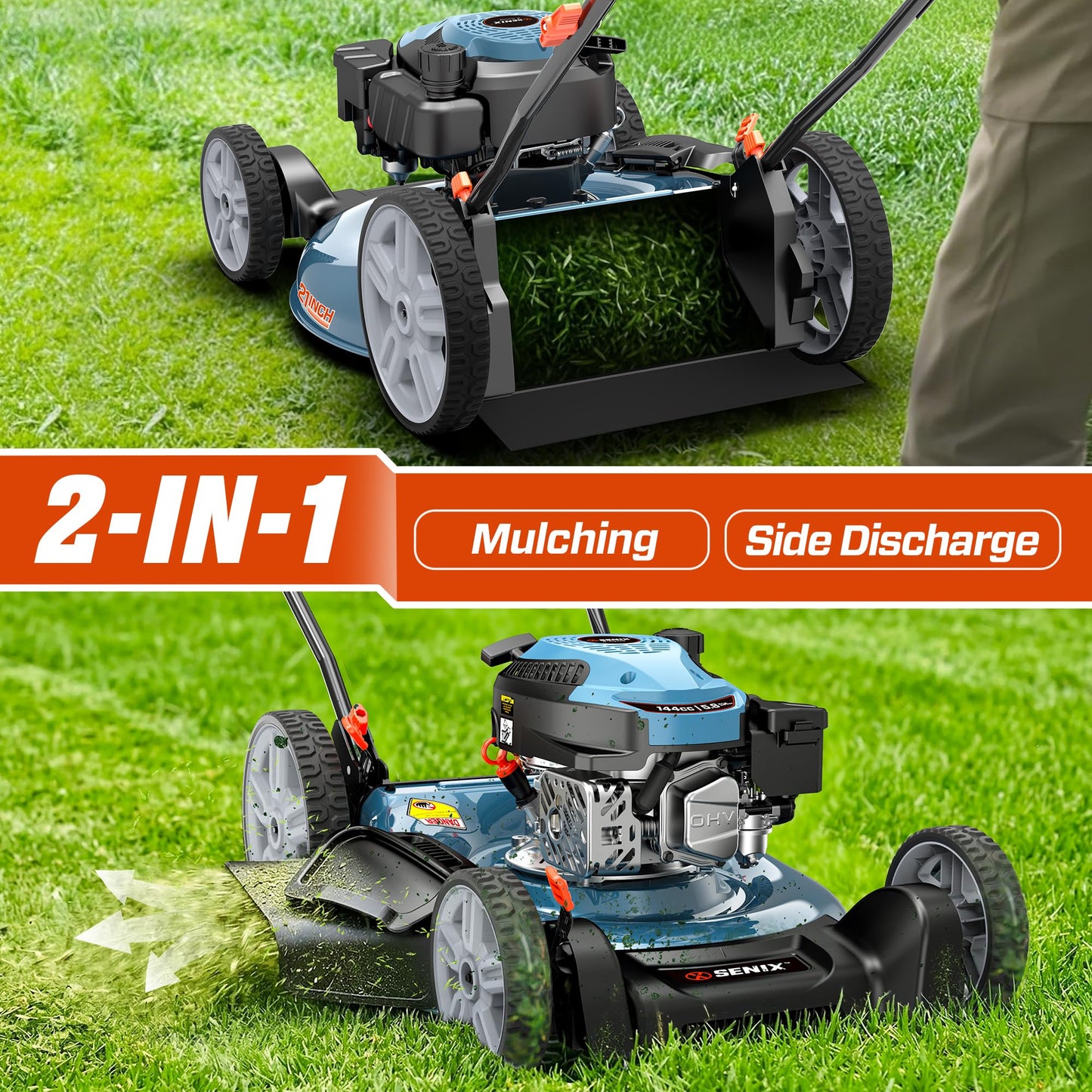 SENIX 21-Inch Gas Lawn Mower, 144CC 4-Cycle Engine Push Mower with Mulching & Side Discharge, 6-Position Cutting Height Adjustment, Residential Walk-Behind Mower for Yard & Garden