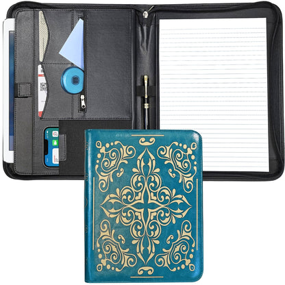 Professional Padfolio for Organized Productivity, Zippered Portfolio, Business Card & Interview Portfolio, Tablet, Laptop, Phone & Folder Holder, Included Pen & Notepad, Antique Teal Binder.