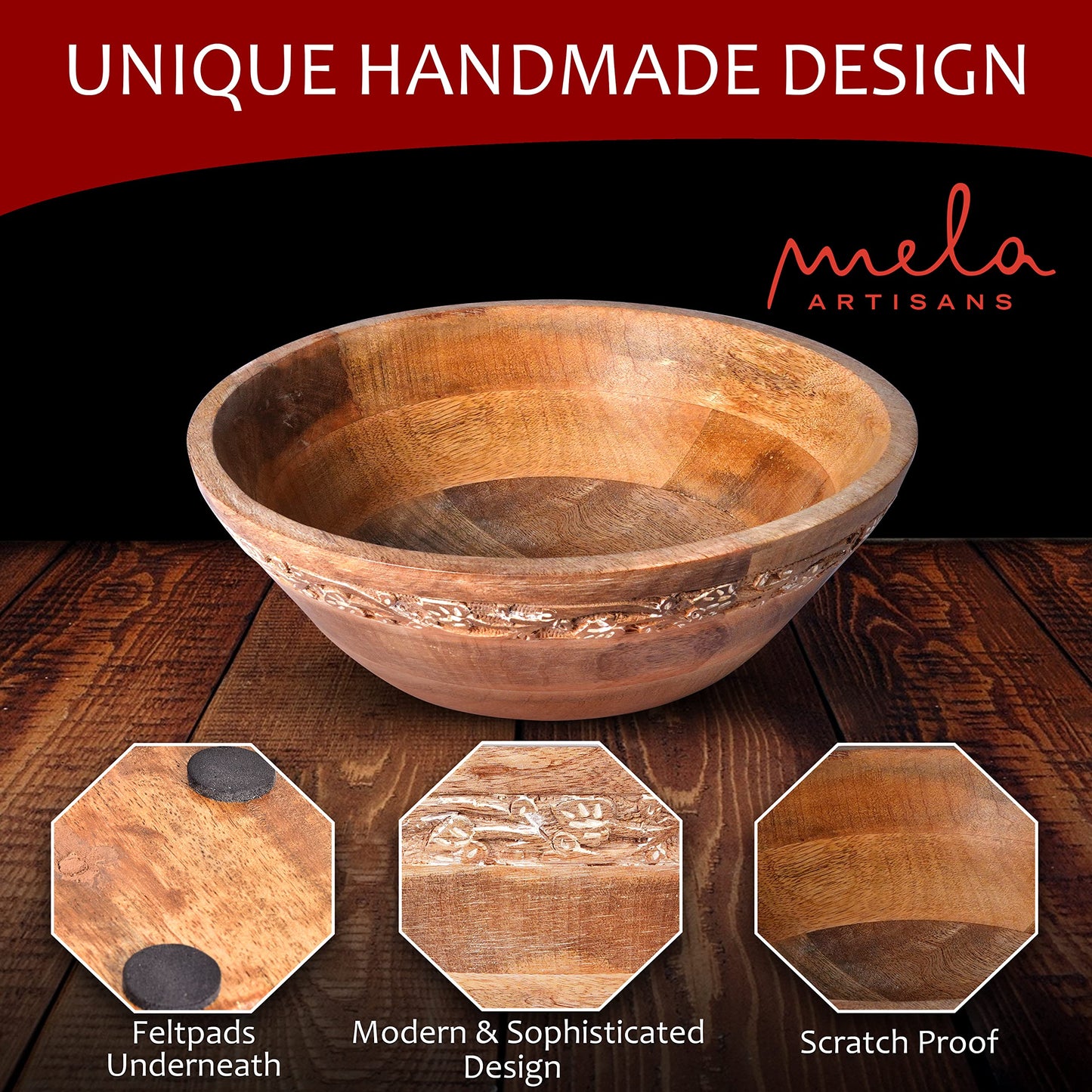 Mela Artisans 12 in Wide x 4.5 in Tall Jasmine Mango Wood Bowl – Hand-Carved Decorative Serving and Fruit Bowl with Whitewash Finish for Kitchen Counter, Salad, Bread and Home Decor