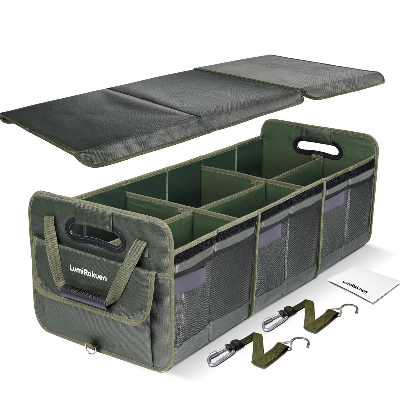 LumiRakuen Heavy Duty Trunk Organizer with Lid for Car SUV-1680D Water-Resistant Fabric &3.5mm PP Skeleton,Collapsible Cargo Storage Box with No Sliding Metal Hooks,Fits Tesla,Truck,Sedan (XL Green