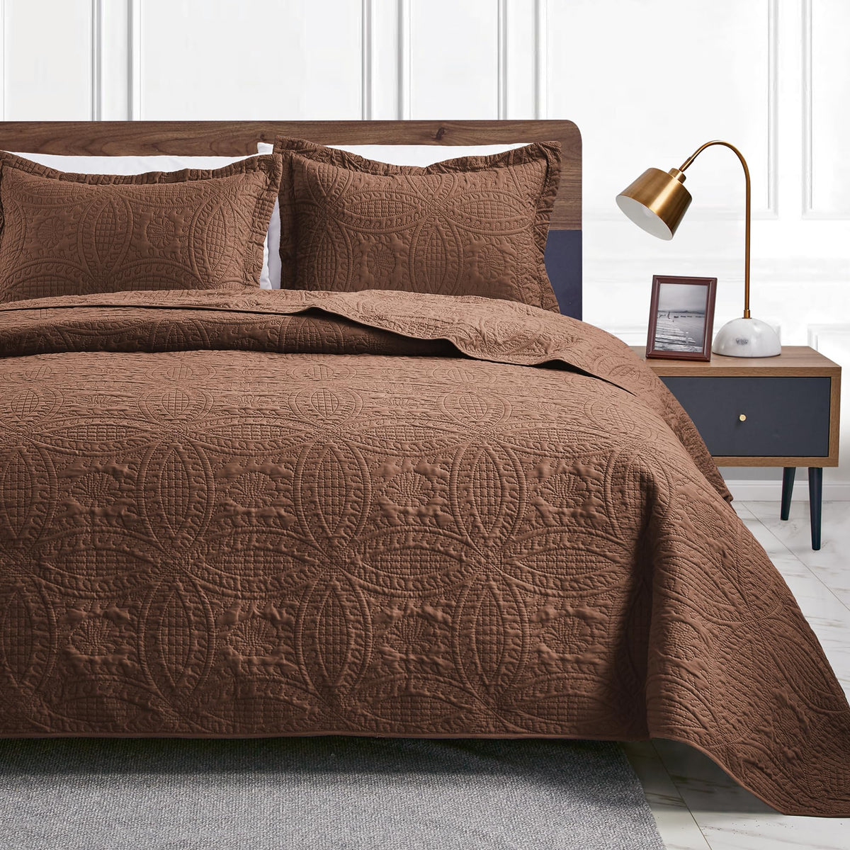 Love's cabin King Size Quilt Bedding Set Brown Bedspreads - Bed Lightweight Bedspread Comforter - Coin Pattern Bedding Coverlet for All Season - 3 Pieces (1 Quilt, 2 Pillow Shams)