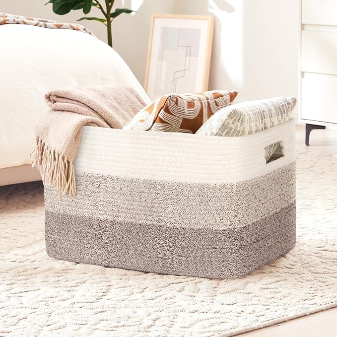 60L Laundry Basket with Leather Handles for Living Room Storage, Woven Rope Baskets Bin for Blanket, Kids Toy, Gifts, Wicker Hamper for Bedroom Dirty Clothes, Gradient Brown
