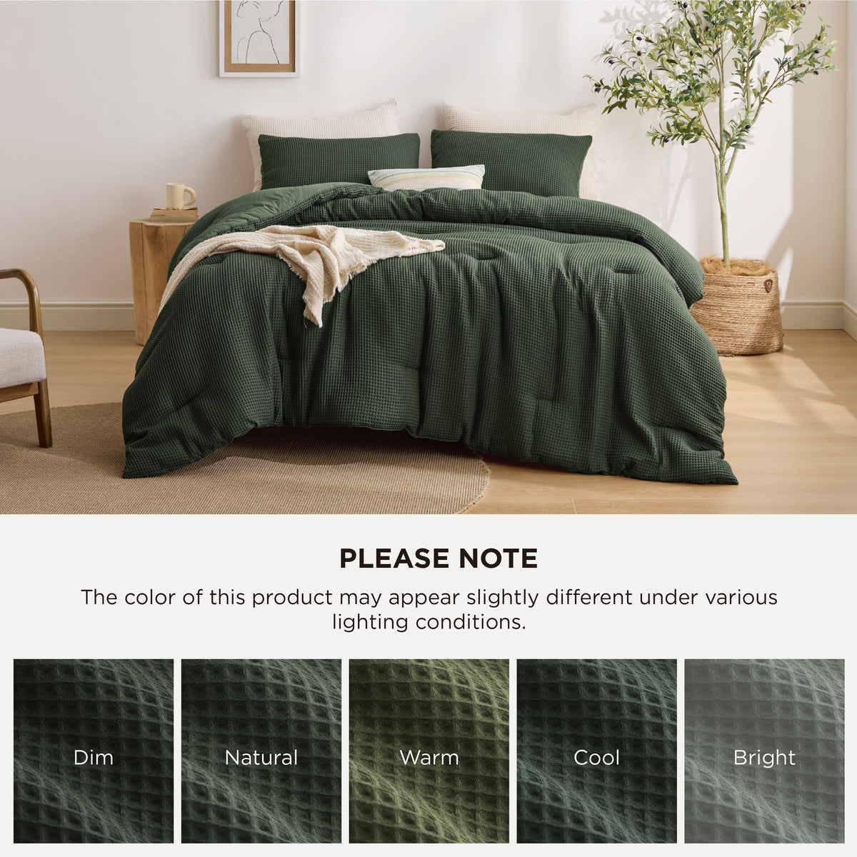 Bedsure Oliver Green Queen Bedding Comforter Set, Waffle Breathable Bedding Set, All Season Comforter with 3 Pieces, 1 Waffle Weave Comforter (90"x90") and 2 Pillowcases (20"x26")