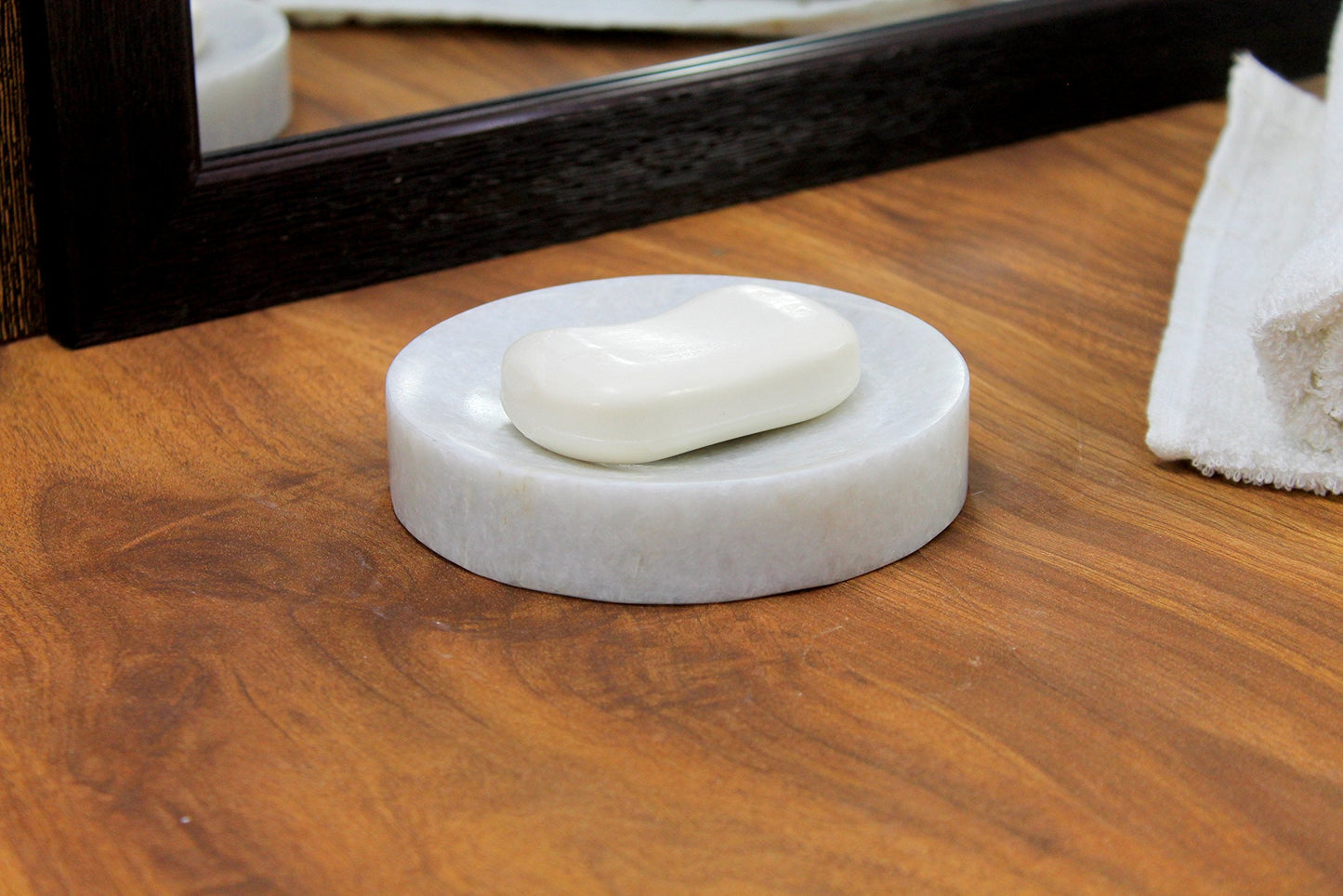 KLEO Soap Dish - Round Design | Natural White Marble Stone | Soap Holder | Soap Tray | Soap Case | Luxury Bath Accessories