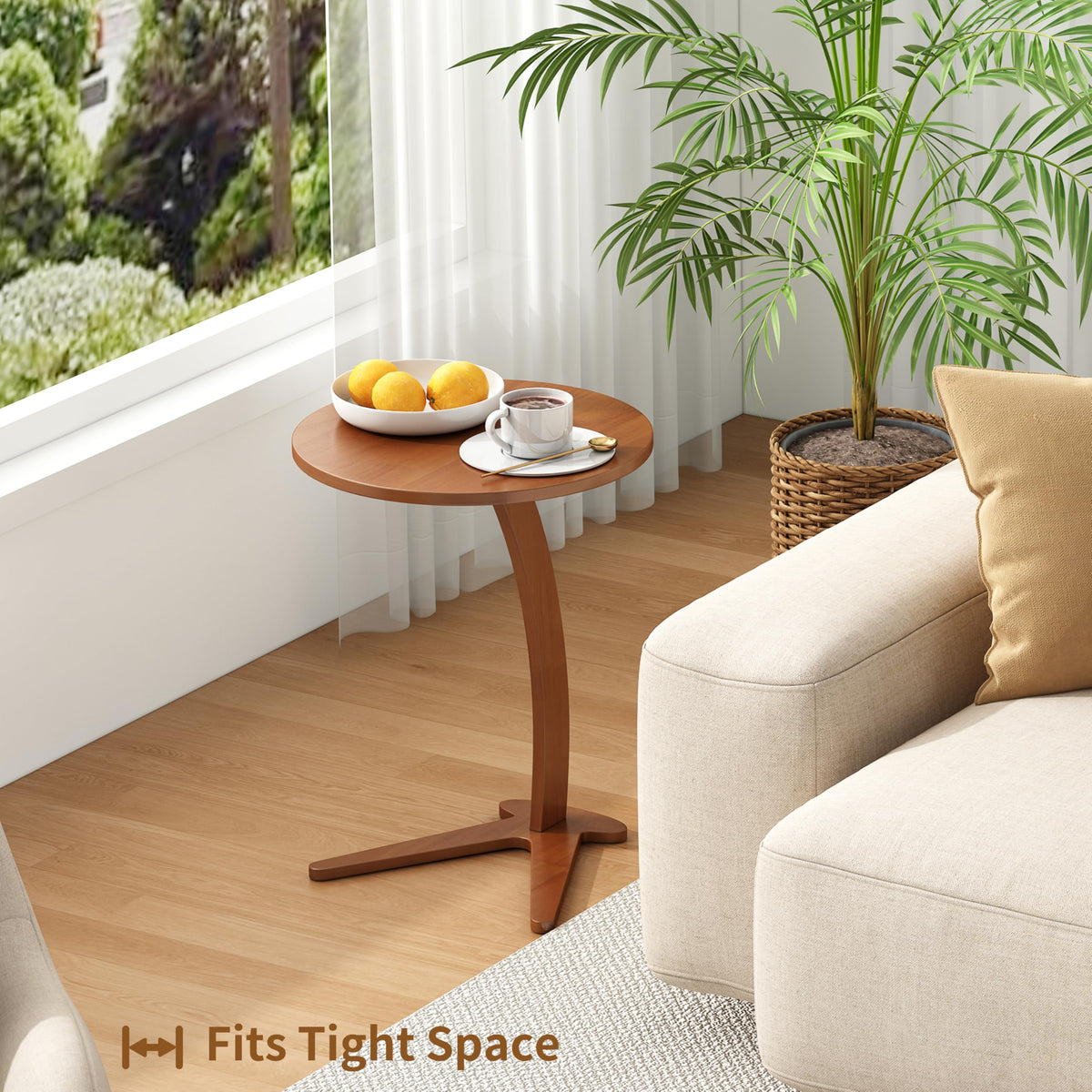 FIDOOM C Shaped End Table, Small Round Side Table for Couch, Slide Under Sofa Tray Desk for Living Room Bedroom, Solid Wood TV Tray Table for Narrow Space (15” Chestnut)
