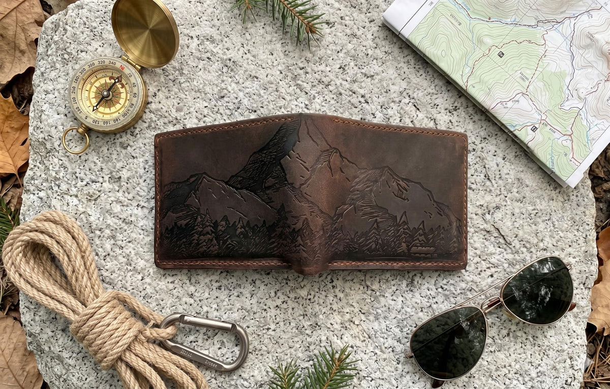 Mayan Corner - Mountain landscape handcrafted leather wallet, distress waxed leather gift, ID card slot bifold style