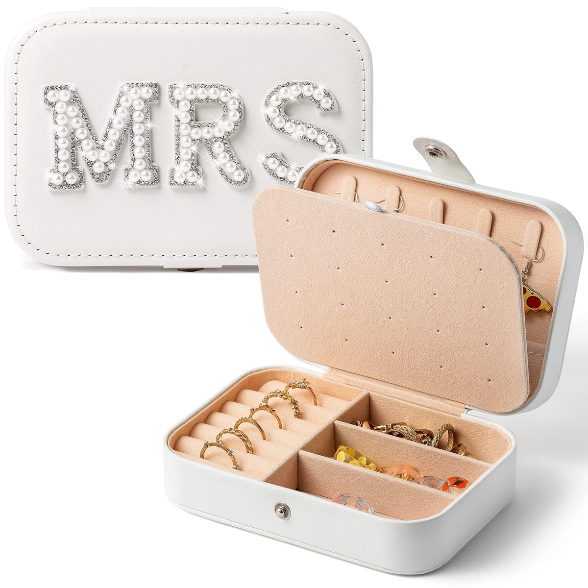 Belanttega MRS Travel Jewelry Box for Mother's Day GiftsBride Travel Portable Jewelry Case Small Jewelry Organizer Travel Accessories for Women, Bridal Shower Gift Engagement Present, White