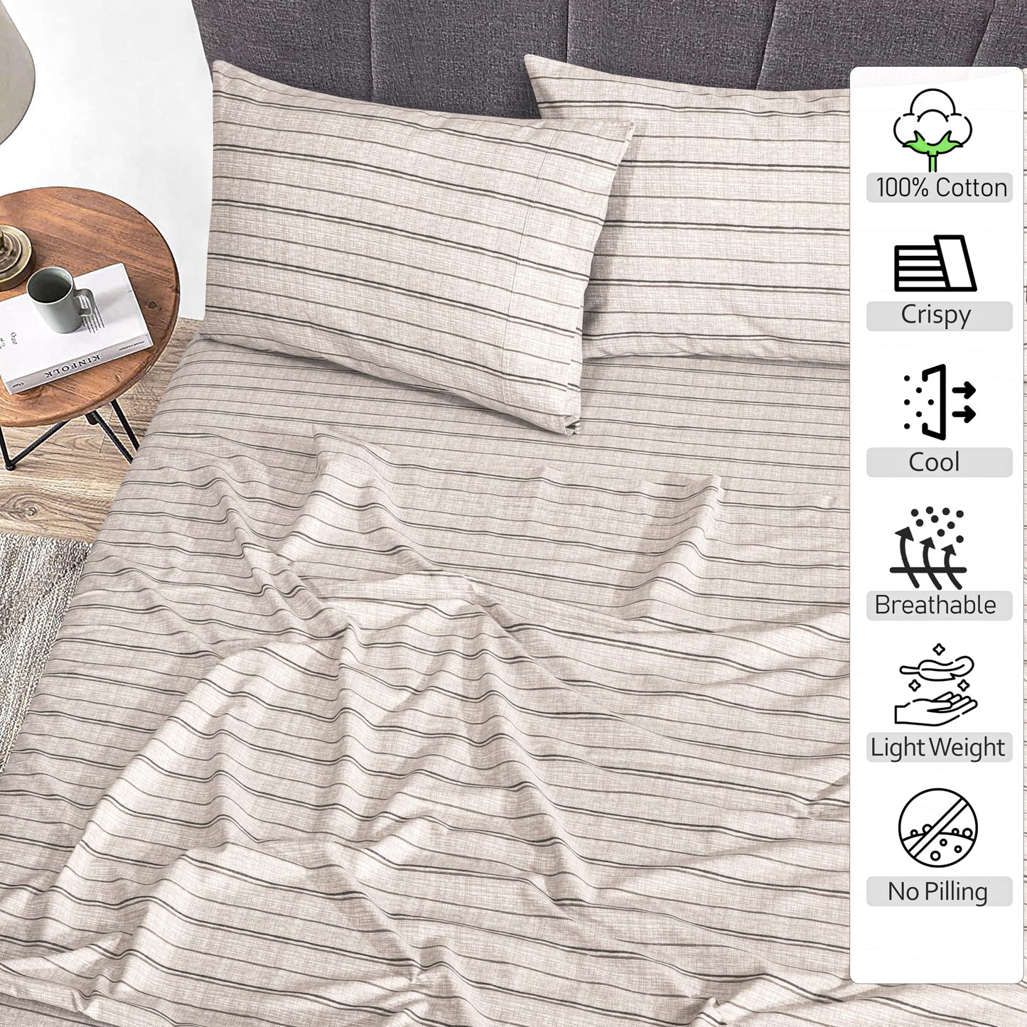 RUVANTI 100% Cotton Percale Sheets, Full Size, Brown Stripes