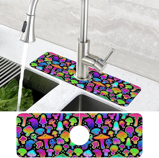 Bright Neon Mushroom Kitchen Sink Splash Guard Absorbent Fast Drying Mat Faucet