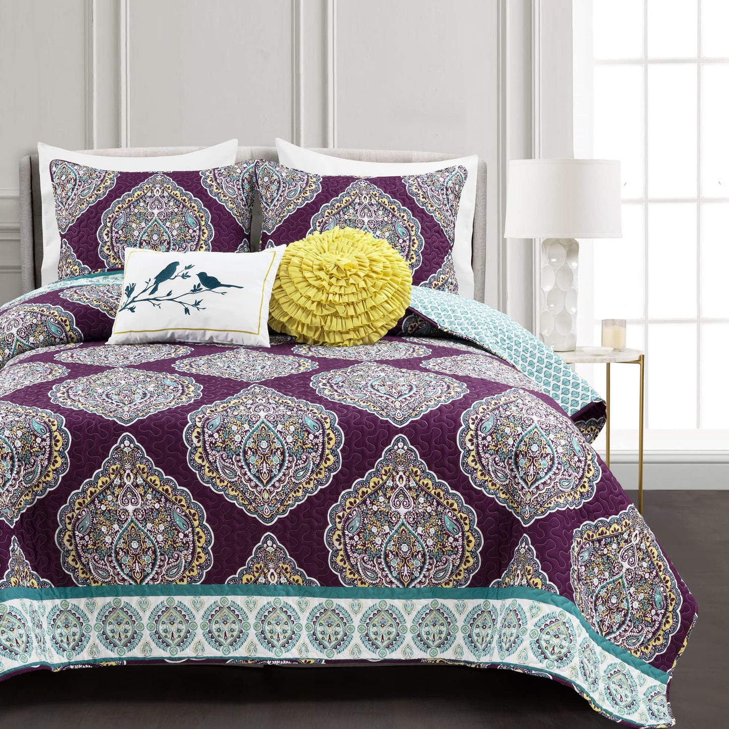 Lush Decor Harley Reversible King Queen Size 5 Piece Set Purple & Turquoise - Boho Bedding Set King Quilt - Purple Quilts - Boho Bedroom Decor