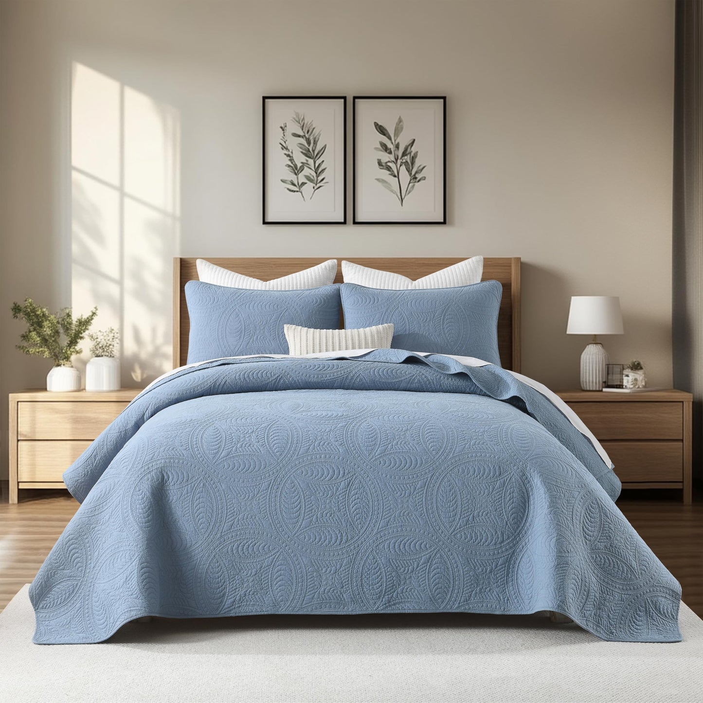 Homzard Quilts Queen Size 100% Cotton Quilt Set, Dusty Blue Queen Size Bedspread Set,Coin Pattern Quilted Bedspread Set,Solid Modern Comforter Set Coverlet 3 Piece Bed Set, All Season