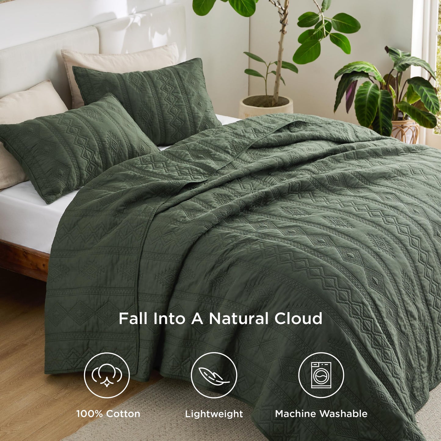 Bedsure 100% Cotton Quilt Set - Queen Size Bedspread, Lightweight Soft Bed Coverlet, PureWoven, 3-Piece Cozy Stitching Quilt Set with 2 Pillow Shams in Geometric Pattern, 90x96, Olive Green