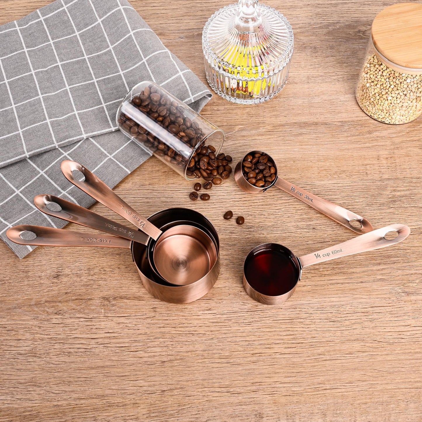 Nstezrne Copper Measuring Cups and Spoons Set, Stainless Steel Measuring Cups and Spoons Set 12, Metal Measuring Cups Set, 5 Measuring Cup Set and 6 Copper Measuring Spoons &Leveler for Kitchen