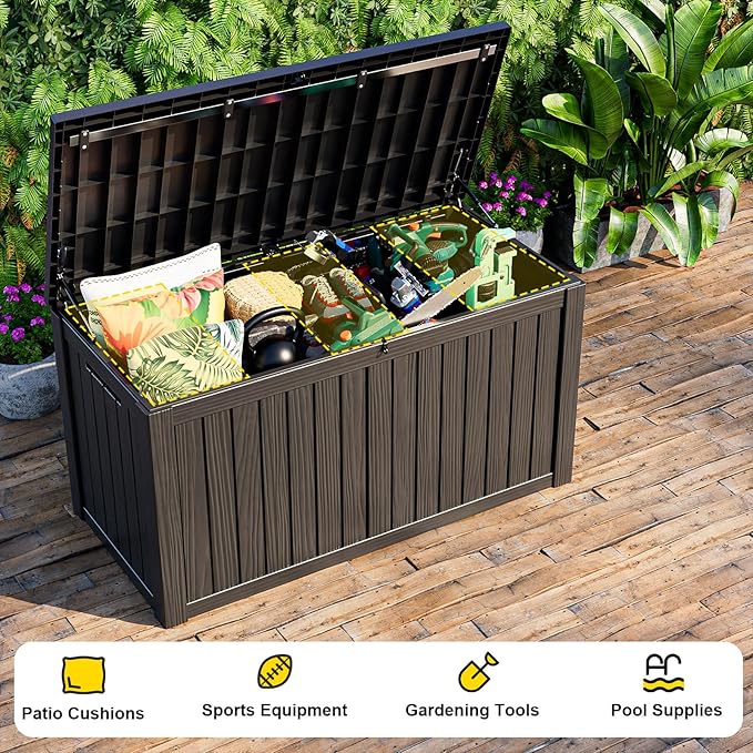 DRATO 150 Gallon Outdoor Storage Box, Large Waterproof Deck Box, Lockable Resin Storage Container with Reinforced Support for Patio Cushions, Garden Tools, UV-Resistant Outdoor Chest（Black，150 Gallon）