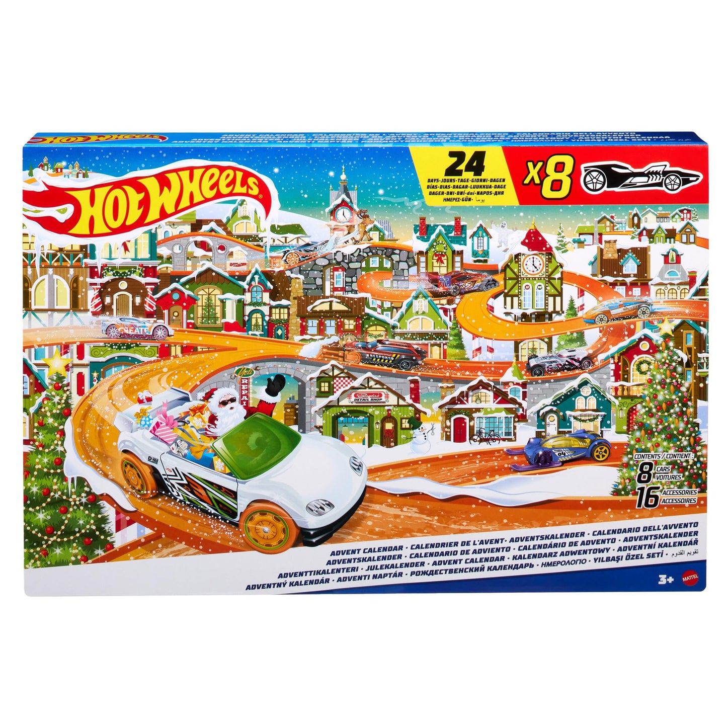 Hot Wheels Advent Calendar, 8 Hot Wheels Cars and 16 Winter-Themed Accessories behind 24 Numbered Doors Plus a Playmat, For Kids & Hot Wheels Fans, HKL74